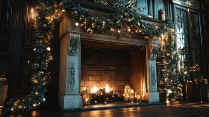 holiday fireplace mantel with garlands