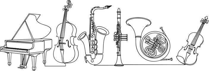 Continuous line illustration of classical musical instruments including piano, violin, cello, saxophone, clarinet, horn, and viola for orchestra and music education designs