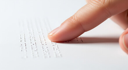 Close up of blind person finger reading text in braille language on white paper page