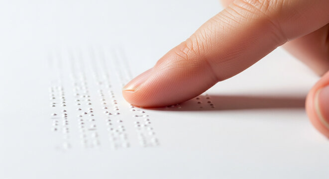 Close up of blind person finger reading text in braille language on white paper page