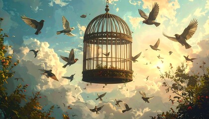 Birds fly out of an open cage against a vibrant sky, surrounded by foliage in an enchanting, artistic scene