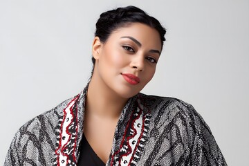 Plus-size Middle Eastern woman showcasing fashion with confidence