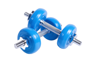 Two blue dumbbells isolated on transparent background for exercise