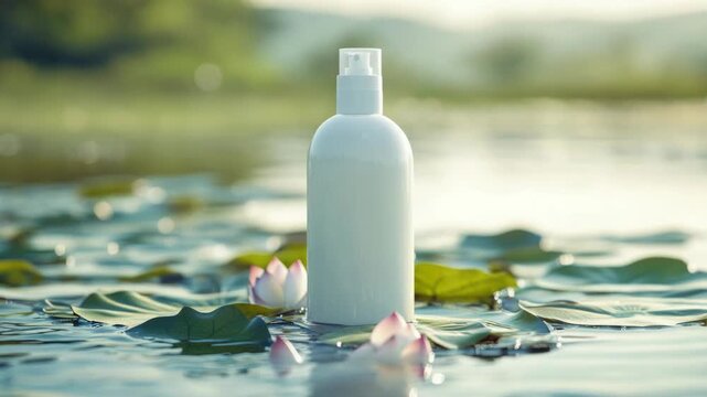 Video A bottle of body lotion sitting in a calm body of water, suitable for use as a decorative element or in a still life composition