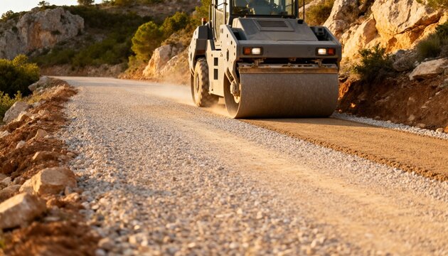 Medium shot of a new gravel access road being leveled and compacted providing a durable and costeffective solution for site entry in rugged terrain