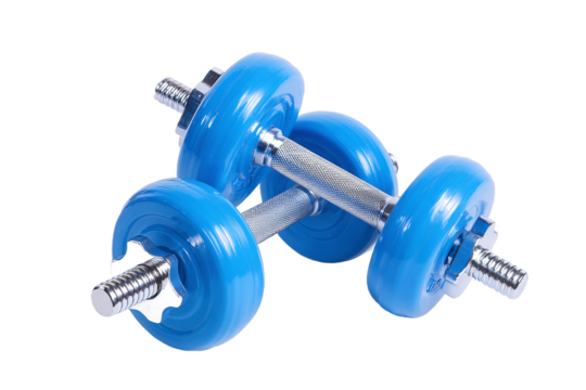 Two blue dumbbells isolated on transparent background for exercise - Powered by Adobe