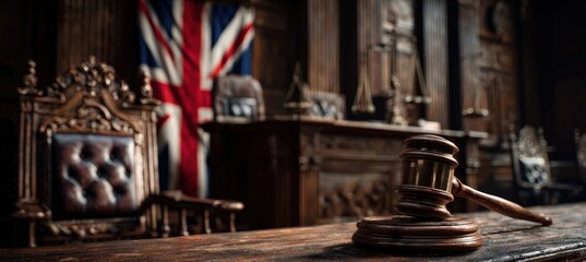 Courtroom Scene with Gavel and Union Jack Flag in Classic Legal Setting