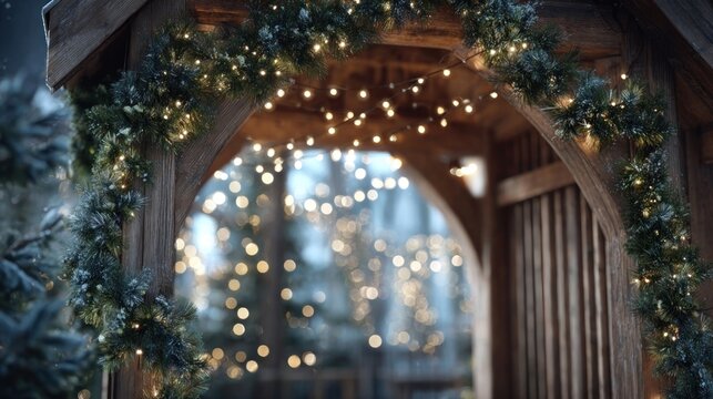 holiday garlands wrapped around wooden archway,