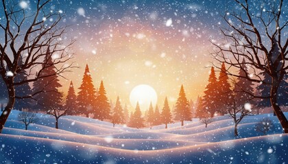 Winter sunset serenity snowy landscape nature scene peaceful environment forest viewpoint tranquil concept amidst falling snowflakes