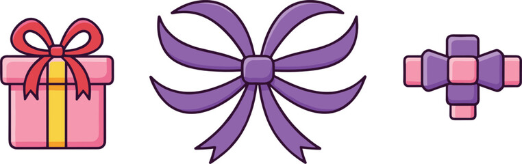 Cute gift box and ribbon bow icons illustration featuring decorative wrapped present, elegant bows, festive design elements, and celebration accessories concept