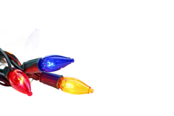 Closeup of colorful christmas lights isolated on transparent background