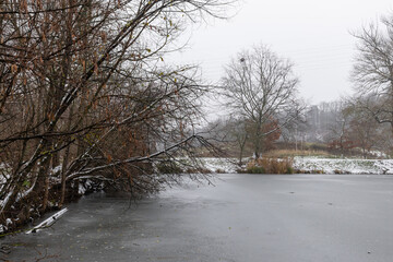 Winter Landscape Featuring Pond Partially