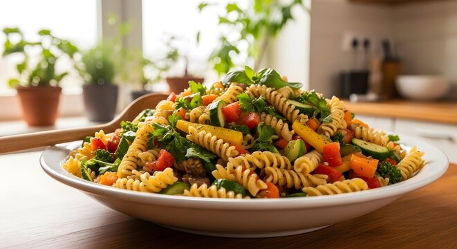 Colorful pasta salad with fresh vegetables in a bright kitchen setting - Powered by Adobe