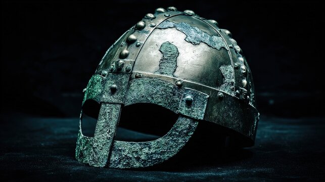 passphrase. Damaged Viking helmet with battle scars and dents, metallic texture. event programs, museum guides, designed for cultural heritage projects and event programs.