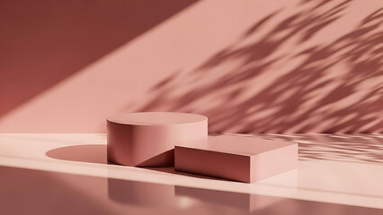 Two pastel pink geometric pedestals with soft shadow overlay and leaves pattern