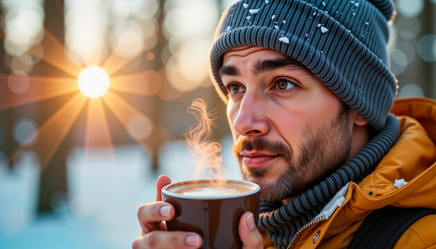 Young man enjoying warm drink in snowy forest at sunrise - Powered by Adobe