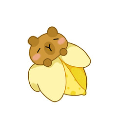 A cute cartoon capybara snuggled comfortably inside a peeled banana.
