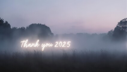 Thank You 2025 Glowing Text in Misty Landscape at Dusk.
