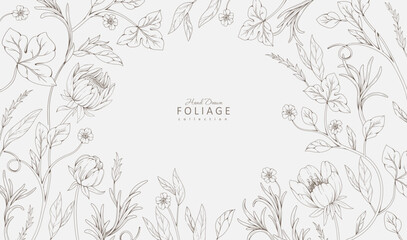 Fototapeta premium Floral bakground or wallpaper with tender flowers and leaves. Botanical foliage for wedding invitation or wall art. Vector illustration