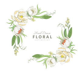 Naklejka premium Botanic set of detailed various flowers and brunch. Luxury vintage floral collection for wedding invitation, wallpaper art or save the date card