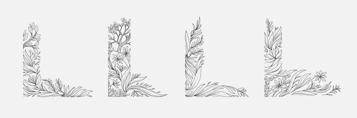 Set of detailed corner with botanical decorations elements. Luxury elegant design elements for wedding frame invitation or save the date card. Editable stroke