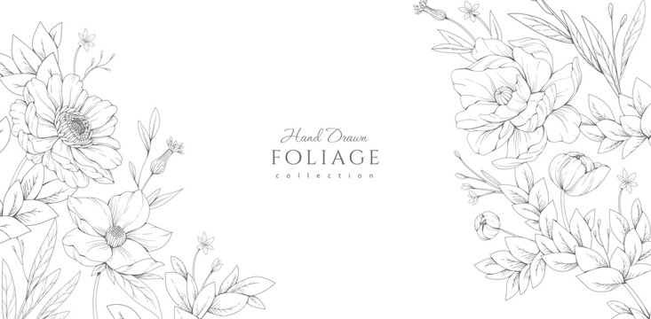 Vibrant background with flowers and trendy botanical elements. Retro hand drawn leaves branches and blooming. Modern elegant wildflowers for invitation save the date card. Vector - Powered by Adobe