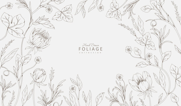 Floral bakground or wallpaper with tender flowers and leaves. Botanical foliage for wedding invitation or wall art. Vector illustration