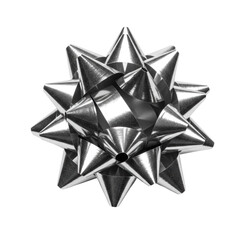 High-gloss metallic silver ribbon star-shaped gift bow, detailed macro studio product shot, isolated on transparent background, hard light and bokeh focus. Concept for holiday advertisement