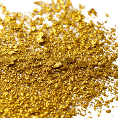 Ultrafine metallic gold dust texture sparsely scattered on a brilliant white background, captured with hyperdetailed macro lens and dramatic volumetric lighting, concept of luxury abstract elegance