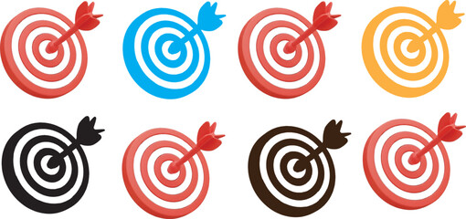 Target dartboard illustration, bullseye hit, colorful precision icons, goal achievement concept, symmetrical layout, accuracy symbol, business success graphic