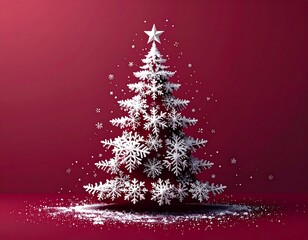 Biała Choinka na bordowym tle. Świąteczna kartka z choinką z białych płatk&oacute;w śniegu. Elegancka i minimalistyczna kartka świąteczna, grafika z choinką, Boże Narodzenie.
