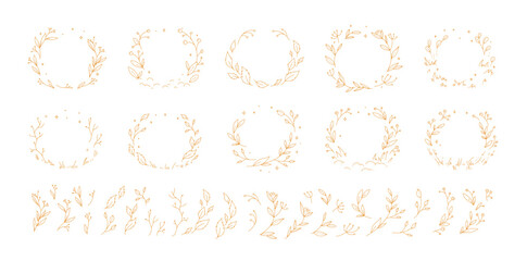 Set of cute botanical wreath and brunch with leaves. Floral frame and design elements for invitation save the date card