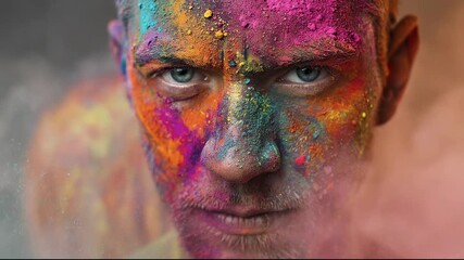 A man with an intense gaze looks directly at the camera his face covered in a vibrant explosion of multi-colored powders
