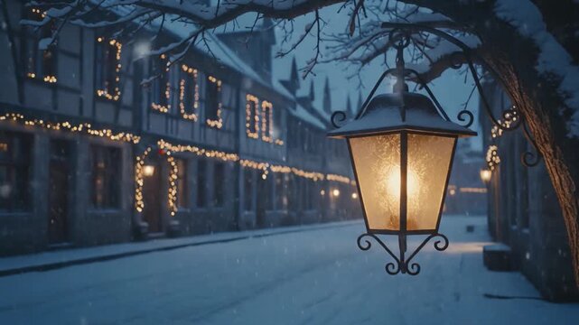 Glowing lantern hanging from a snowy tree branch, illuminating a quiet winter street lined with festive lights and charming old buildings.