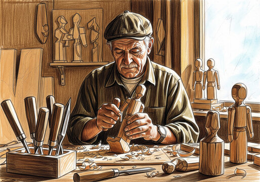 Concentrated elderly wood carver sculpting a wooden figurine in his sunny workshop