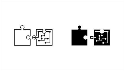 Tech Integration Icon set. – Puzzle with Circuit Board silhouette icon showing a puzzle piece connecting with a circuit board, symbolizing technology integration, digital solutions, system merging, 