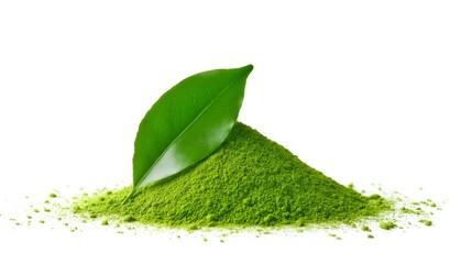 Green powder and leaf symbolize health and wellness. This matcha is vibrant and fresh, perfect for smoothies, teas, and healthy recipes. Capture the essence of nature. AI