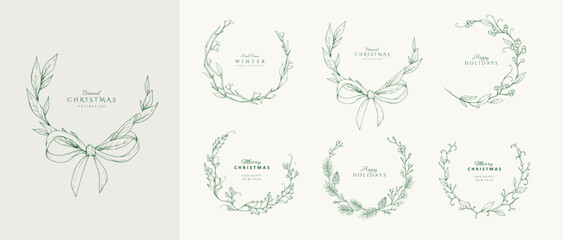 Fototapeta premium Christmas greeting wreaths, frame and vignettes with winter plants and traditional New year decorations for holiday card or invitation. Botanical set with engraving design