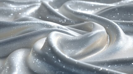 Close-up of smooth, silky white fabric draped in folds, covered with fine silver glitter and sparkles. A luxury and abstract texture background for fashion or festive design