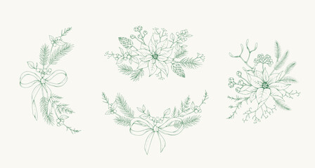 Christmas greeting wreaths, frame and vignettes with winter plants and traditional New year decorations for holiday card or invitation. Botanical set with engraving design
