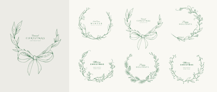 Christmas greeting wreaths, frame and vignettes with winter plants and traditional New year decorations for holiday card or invitation. Botanical set with engraving design