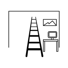 Room Setup Icon – Ladder in Workspace Black silhouette icon of an indoor workspace showing a ladder, desk, and wall frame. Represents interior setup, room preparation, renovation, office arrangement, 