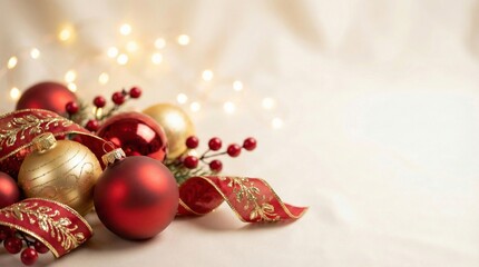 Festive christmas arrangement of red and gold baubles, ornate ribbon, fir branches and red berries against a soft bokeh background with warm, sparkling lights