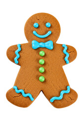 A perfectly baked traditional gingerbread woman cookie with glossy blue and green royal icing details, matte texture, isolated on a seamless transparent background. Concept for commercial christmas