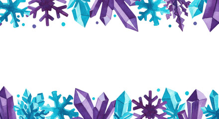 Intricate geometric watercolor snowflakes, purple and cyan, arranged as a delicate horizontal border on a transparent background with ample copy space. Concept for sophisticated holiday graphics