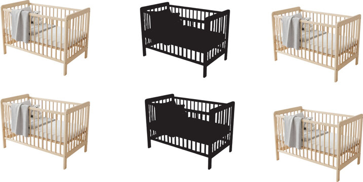 Wooden crib illustration, silhouette comparison, baby furniture design, nursery decor, object recognition layout, modern style, symmetrical arrangement, visual concept
