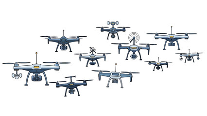 Collection of pixelated drone illustrations on a white background