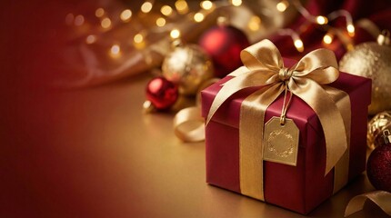 Red gift box with golden satin ribbon and blank tag on warm gold surface amid blurred red and gold ornaments and glowing string lights, festive holiday bokeh atmosphere