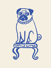 Pug on ornate stool doodle line art vector illustration