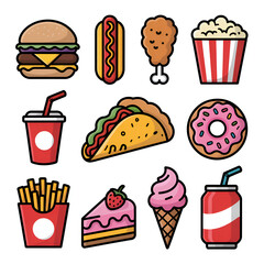 "Colorful Fast Food Icon Set &mdash; Hamburger, Hot Dog, Fried Chicken, Popcorn, Soda, Taco, Donut, Fries, Cake and Ice Cream Cartoon Food Stickers"
